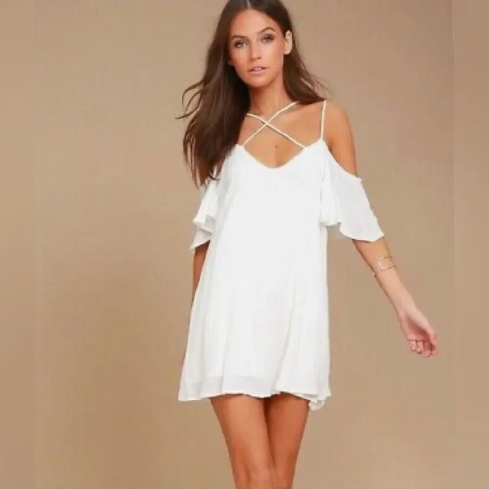 Lulu's Dress White Mini Off The Shoulder Criss Cross Summer Dress Size M